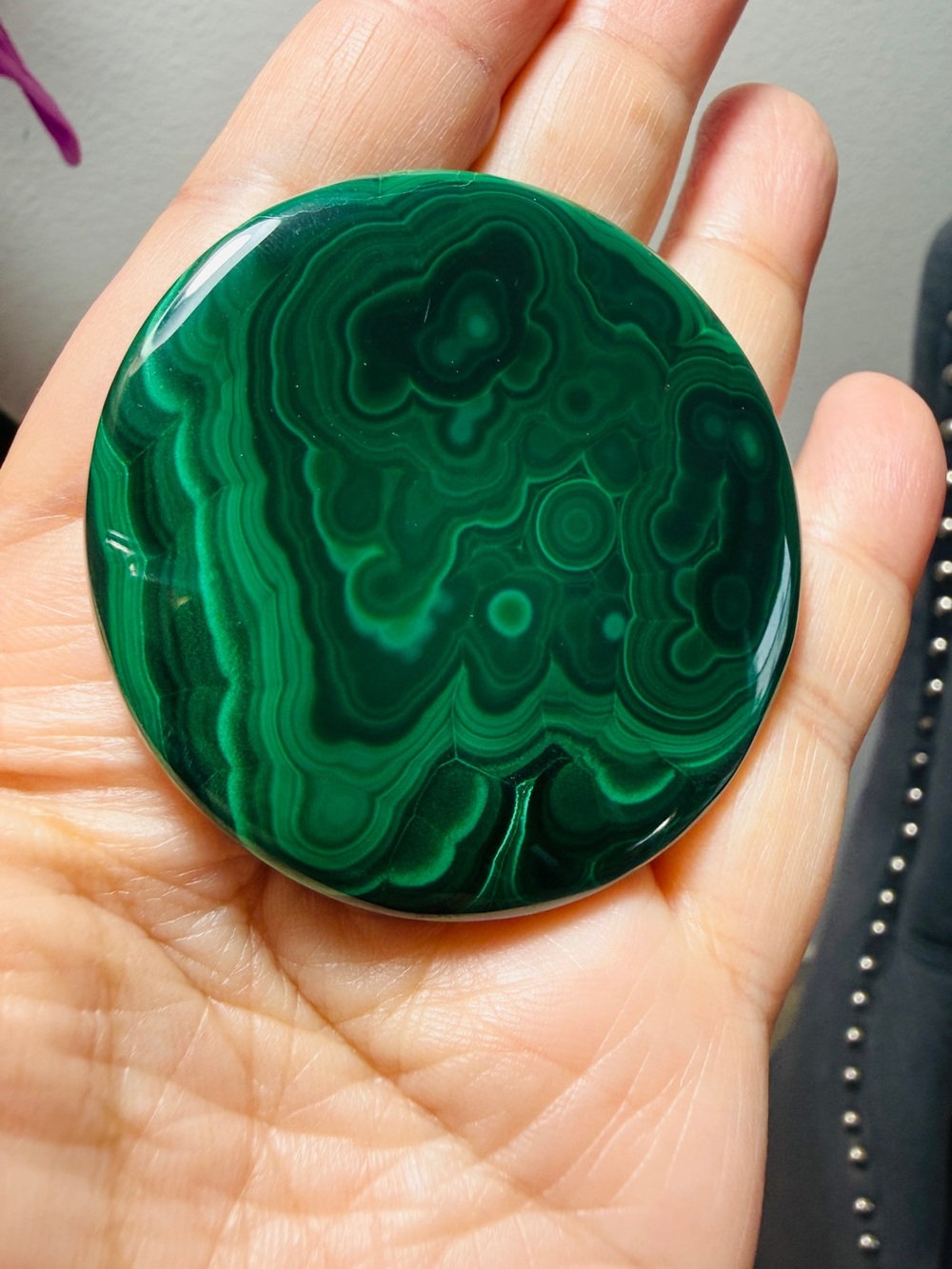 Natural Malachite Flat Pocket Stone 2.22" High Polish Green Crystal Palm Stone